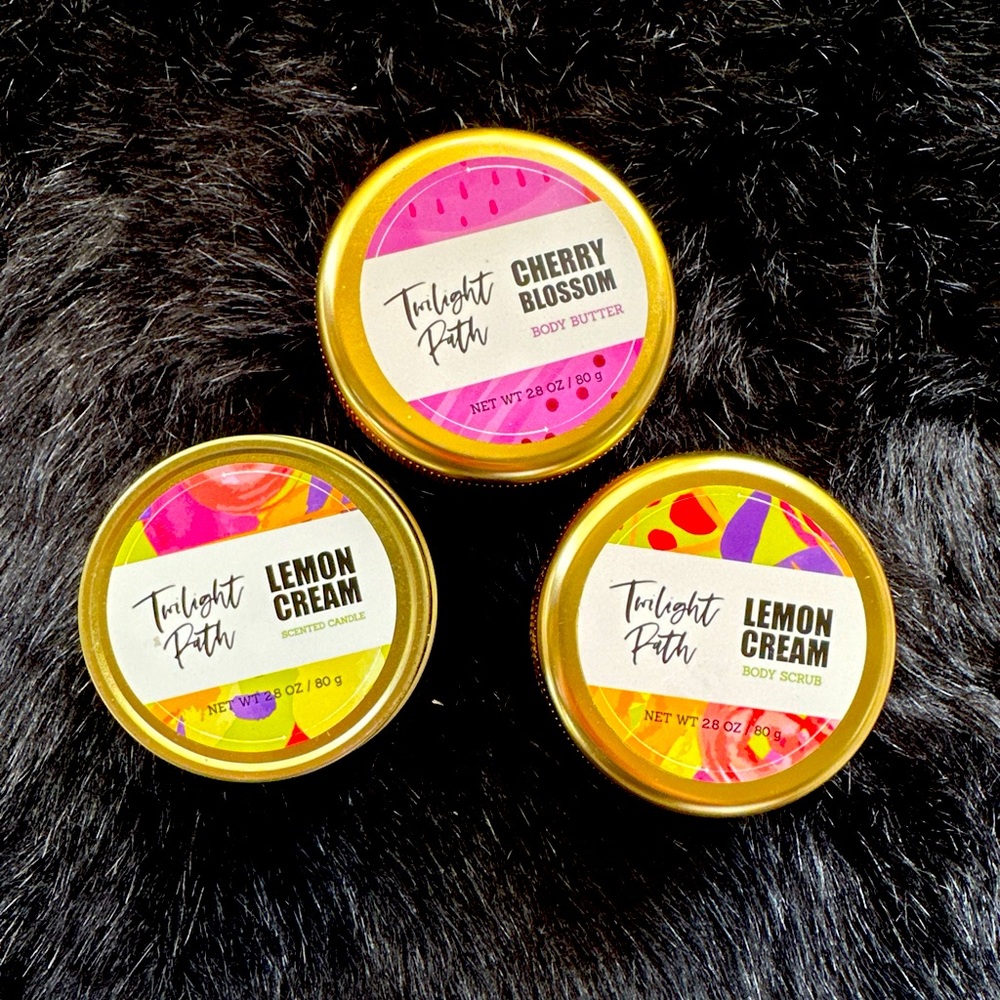 Twilight Path 3 Piece Lotion Lemon Cream Body Scrub, Candle And Cherry Blossom